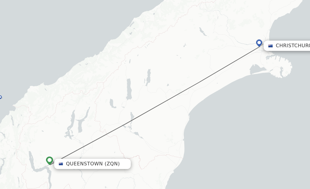 Flights from Queenstown to Christchurch route map