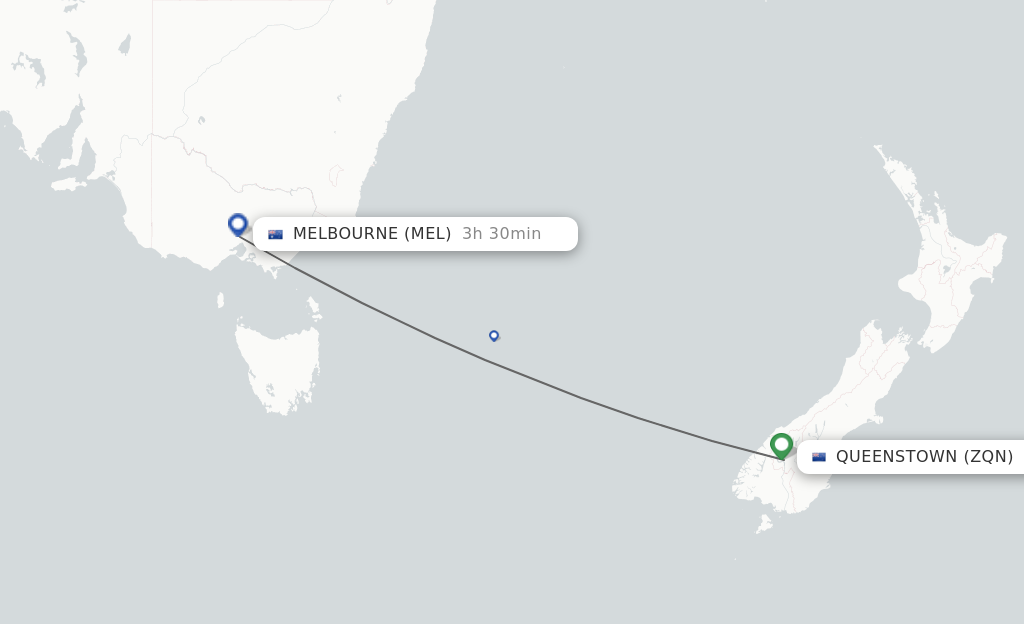 Flights from Queenstown to Melbourne route map