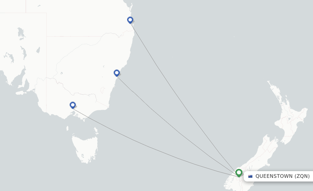 Route map with flights from Queenstown with Qantas