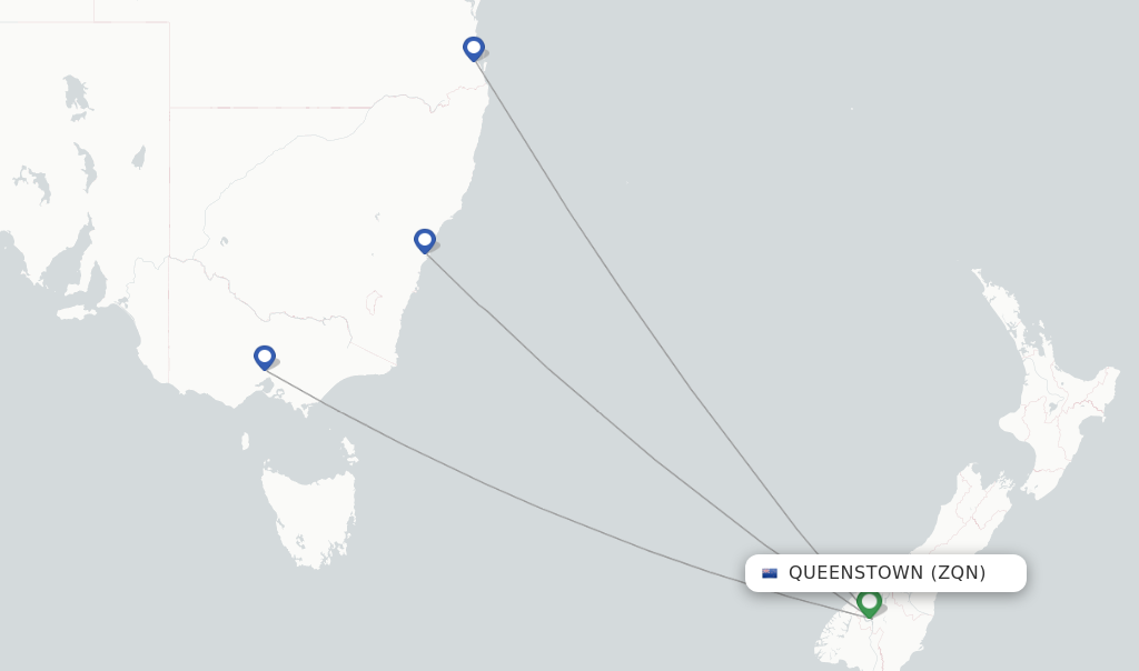 Route map with flights from Queenstown with Qantas