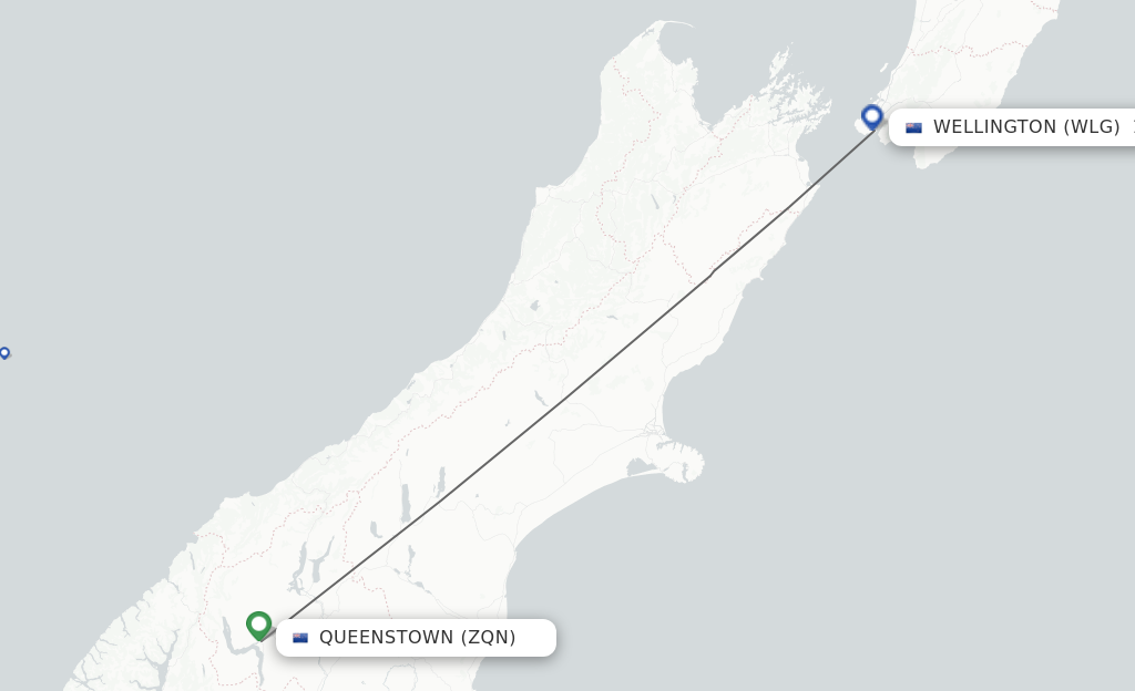Flights from Queenstown to Wellington route map