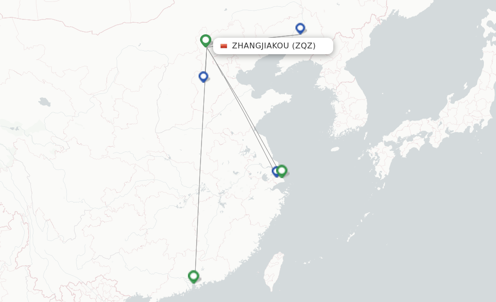 Route map with flights from Zhangjiakou with Spring Airlines