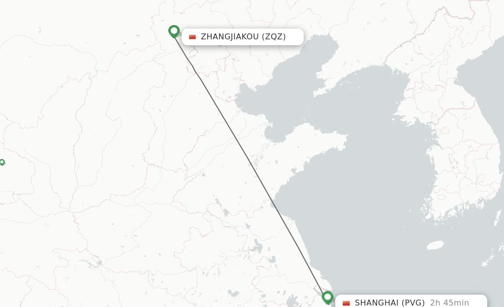 Flights from Zhangjiakou to Shanghai route map