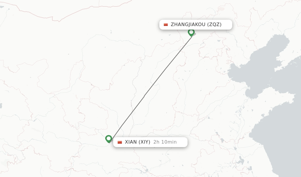 Flights from Zhangjiakou to Xian route map
