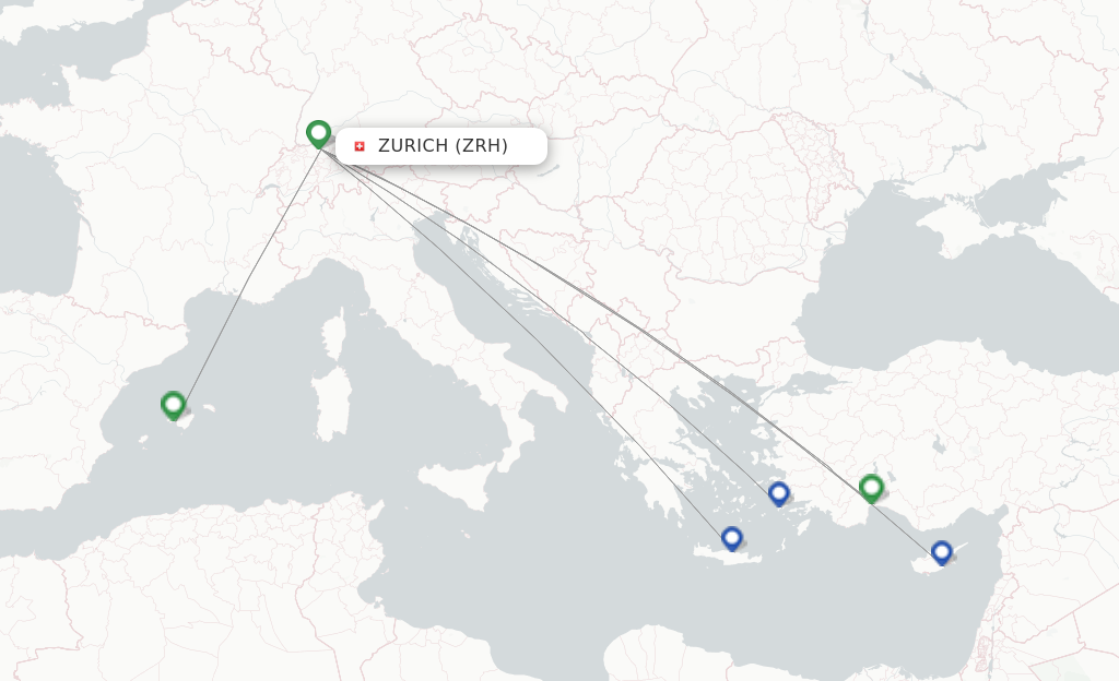 Route map with flights from Zurich with Helvetic Airways