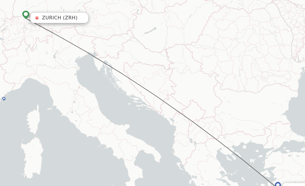 Flights from Zurich to Izmir route map