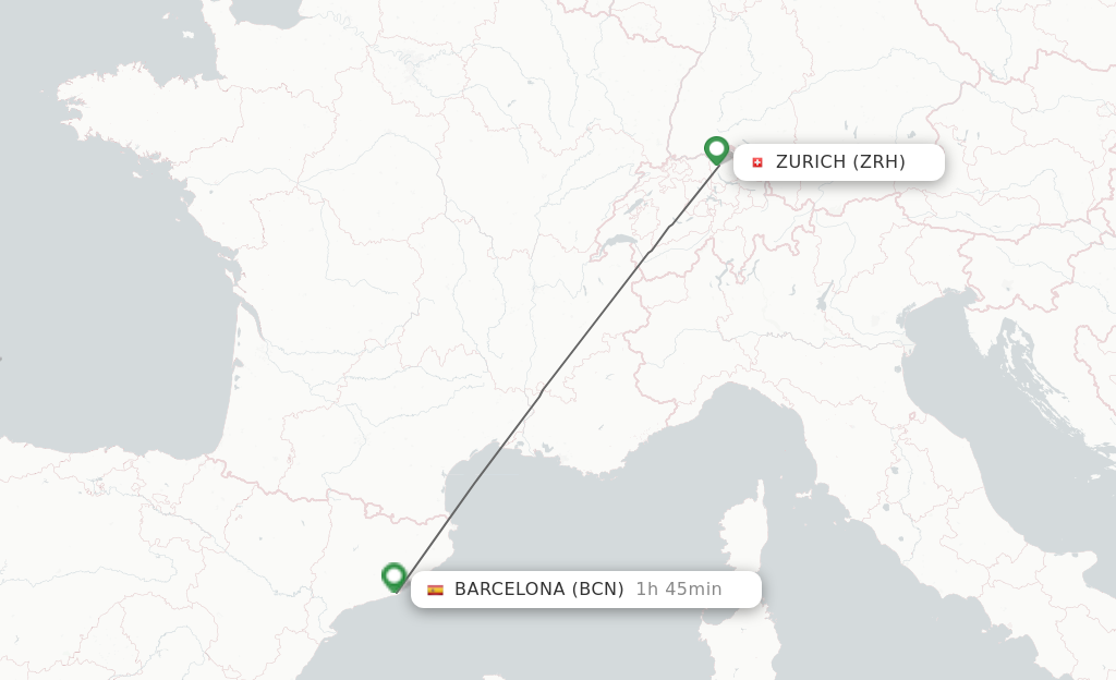 Flights from Zurich to Barcelona route map