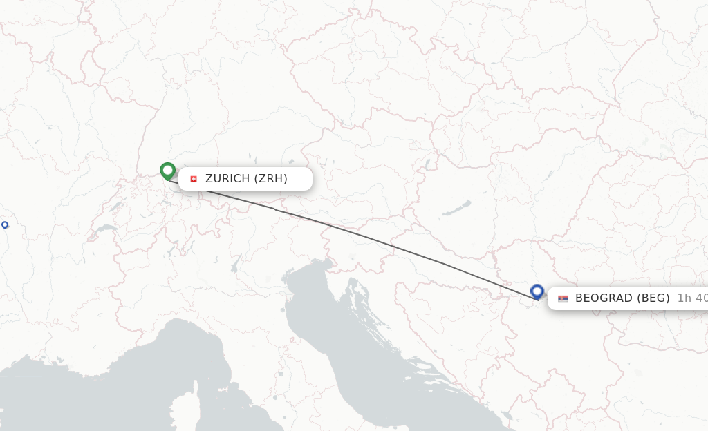 Flights from Zurich to Beograd route map