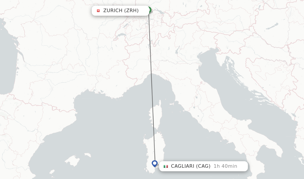 Flights from Zurich to Cagliari route map