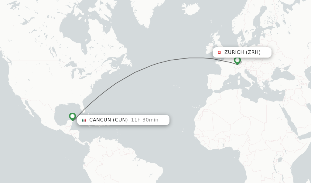 Flights from Zurich to Cancun route map