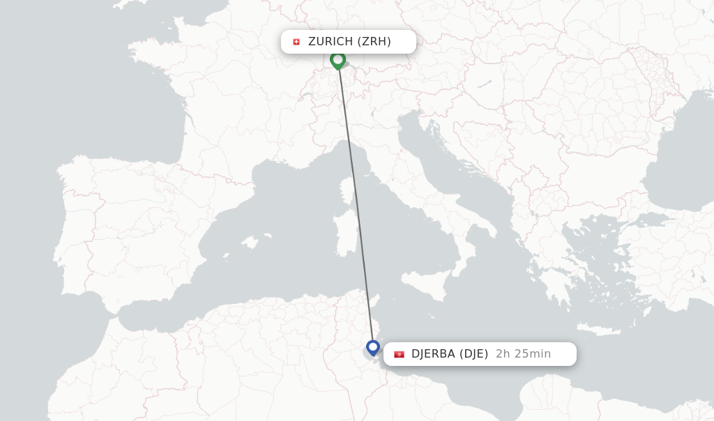 Flights from Zurich to Djerba route map