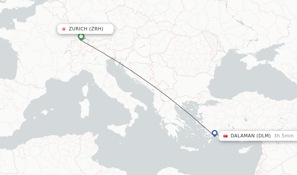 Flights from Zurich to Dalaman route map