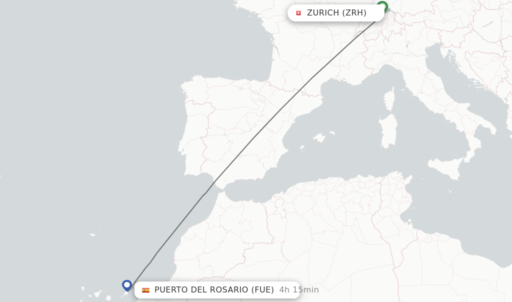 Flights from Zurich to Puerto del Rosario route map