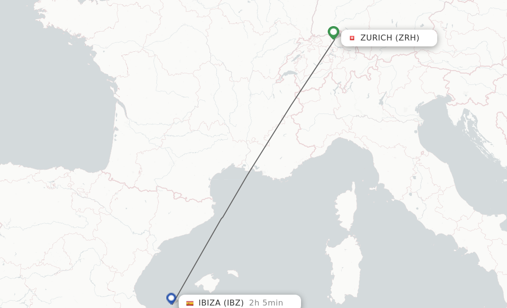 Flights from Zurich to Ibiza route map