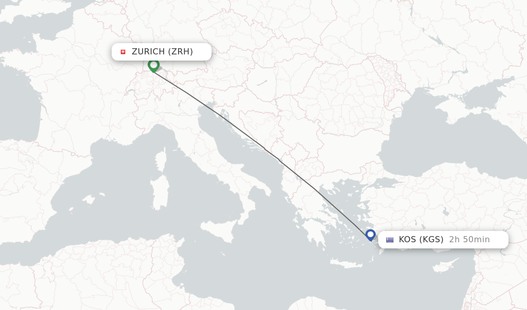 Flights from Zurich to Kos route map