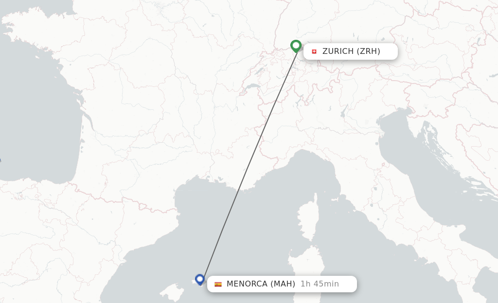 Flights from Zurich to Menorca route map
