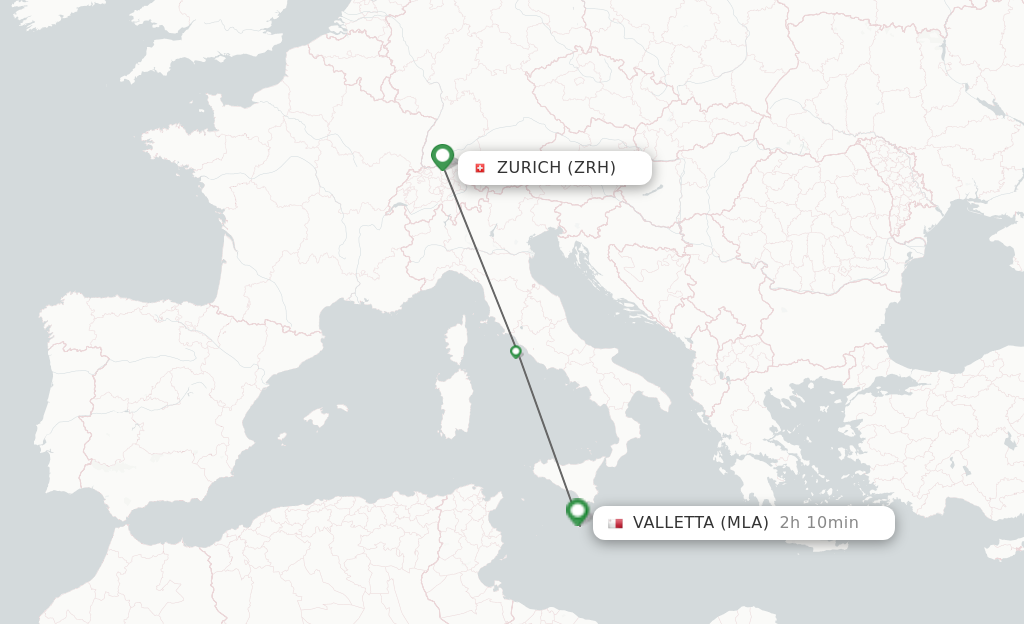Flights from Zurich to Valletta route map
