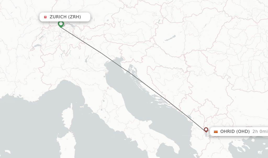 Flights from Zurich to Ohrid route map