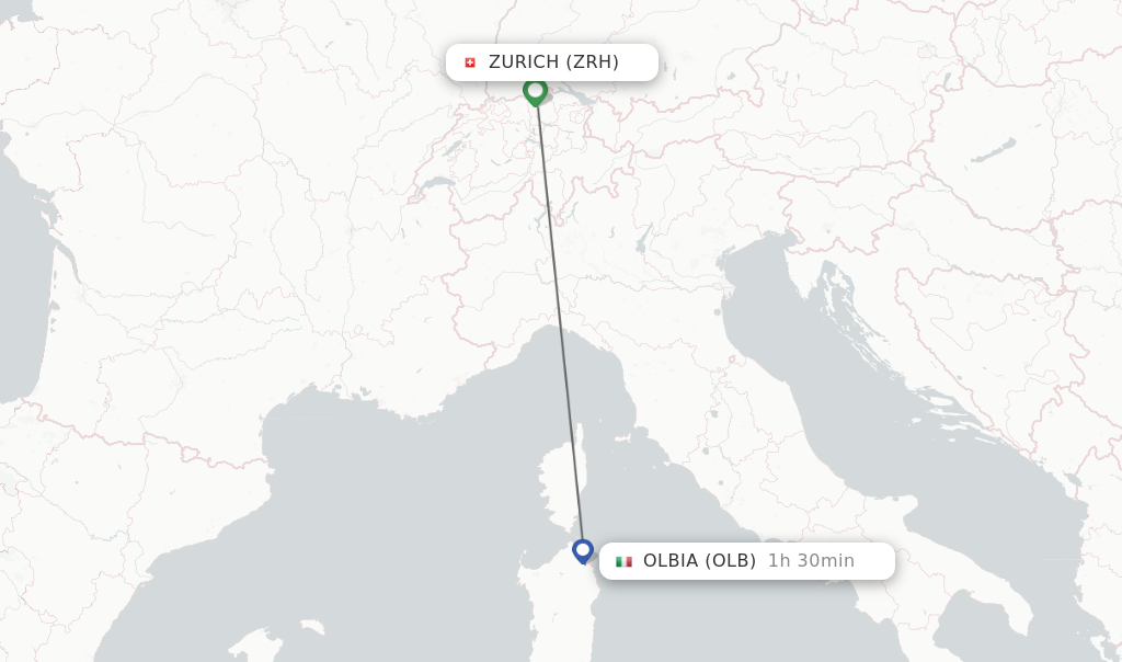 Flights from Zurich to Olbia route map