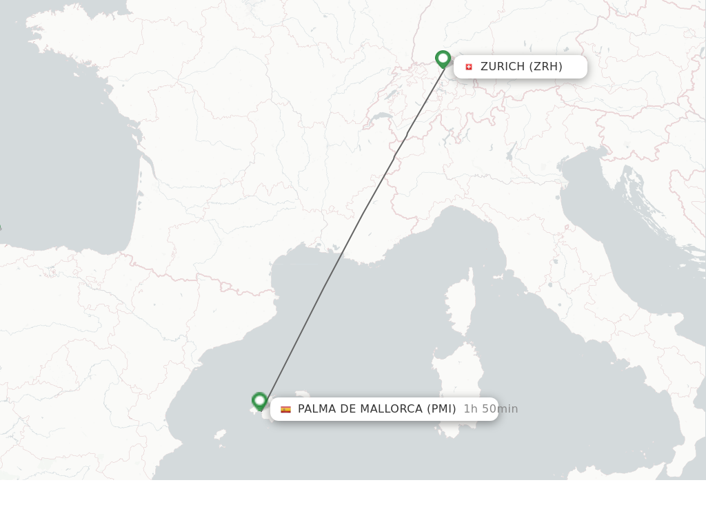 Flights from Zurich to Palma De Mallorca route map