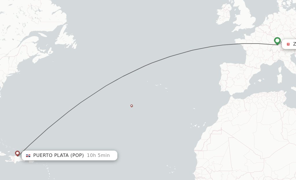 Flights from Zurich to Puerto Plata route map