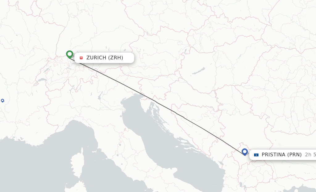 Flights from Zurich to Pristina route map