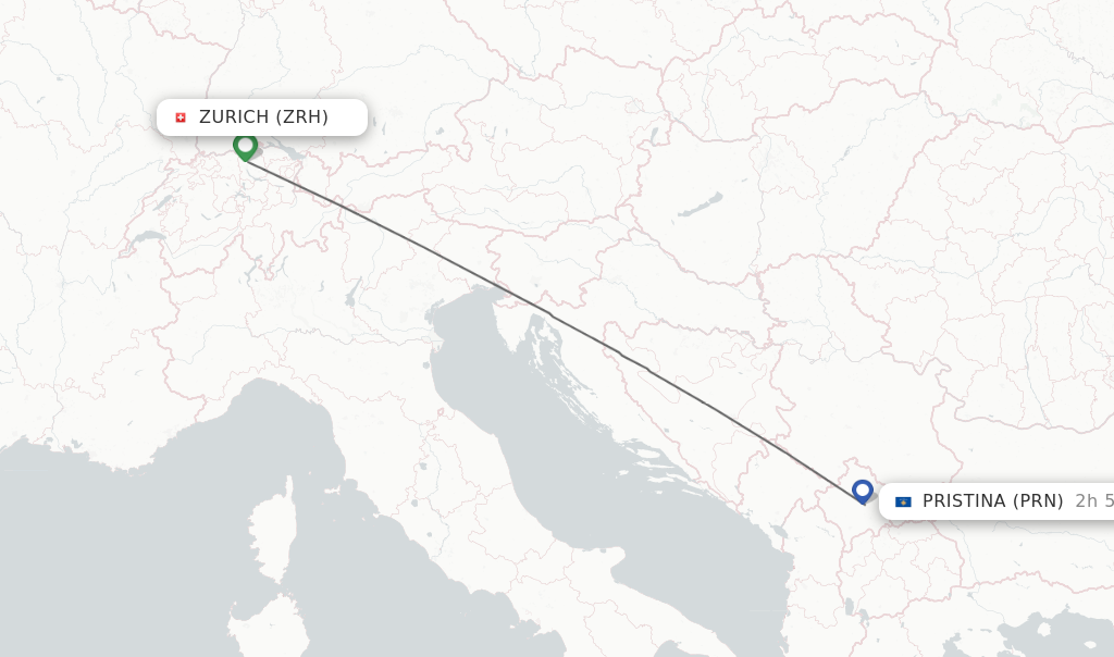 Flights from Zurich to Pristina route map