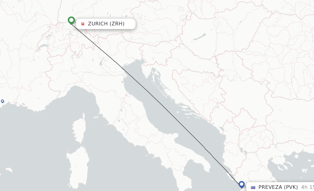 Flights from Zurich to Preveza route map