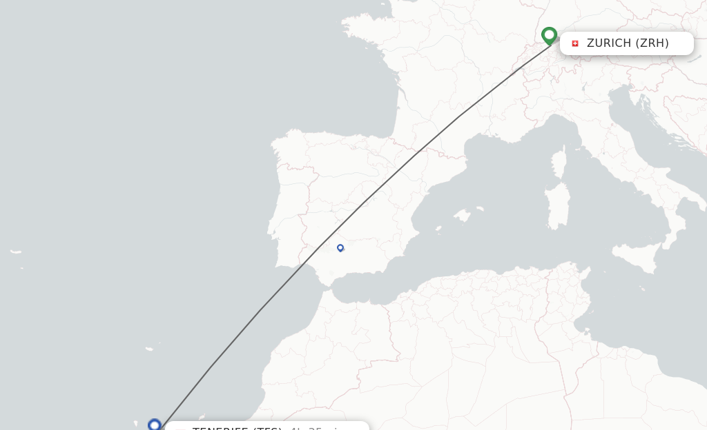Flights from Zurich to Tenerife route map