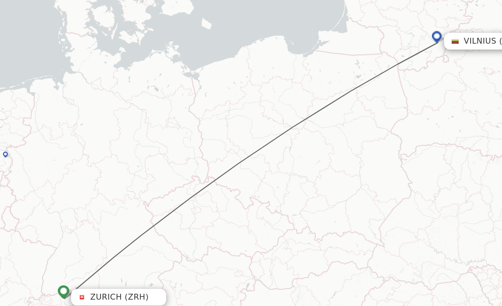 Flights from Zurich to Vilnius route map