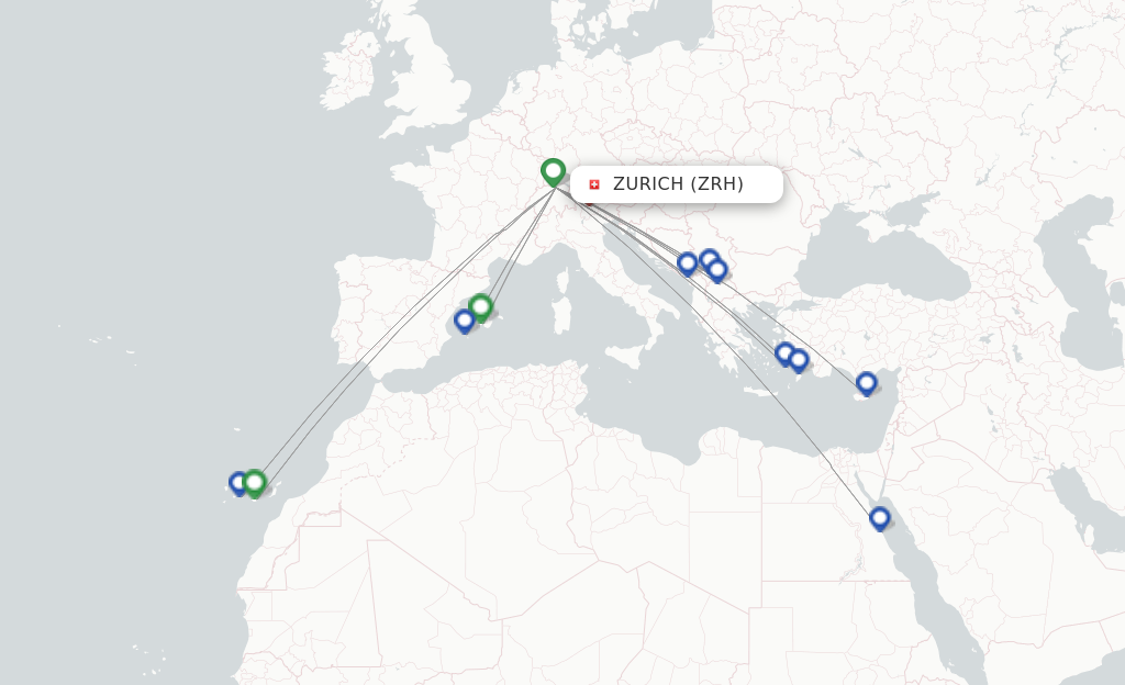 Route map with flights from Zurich with FlexFlight