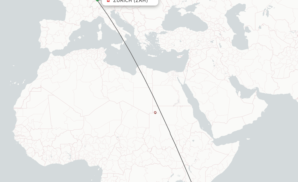 Flights from Zurich to Zanzibar route map