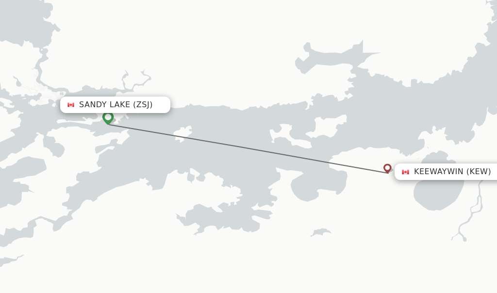 Flights from Sandy Lake to Keewaywin route map
