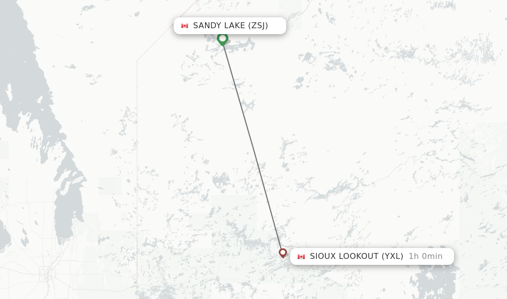Flights from Sandy Lake to Sioux Lookout route map