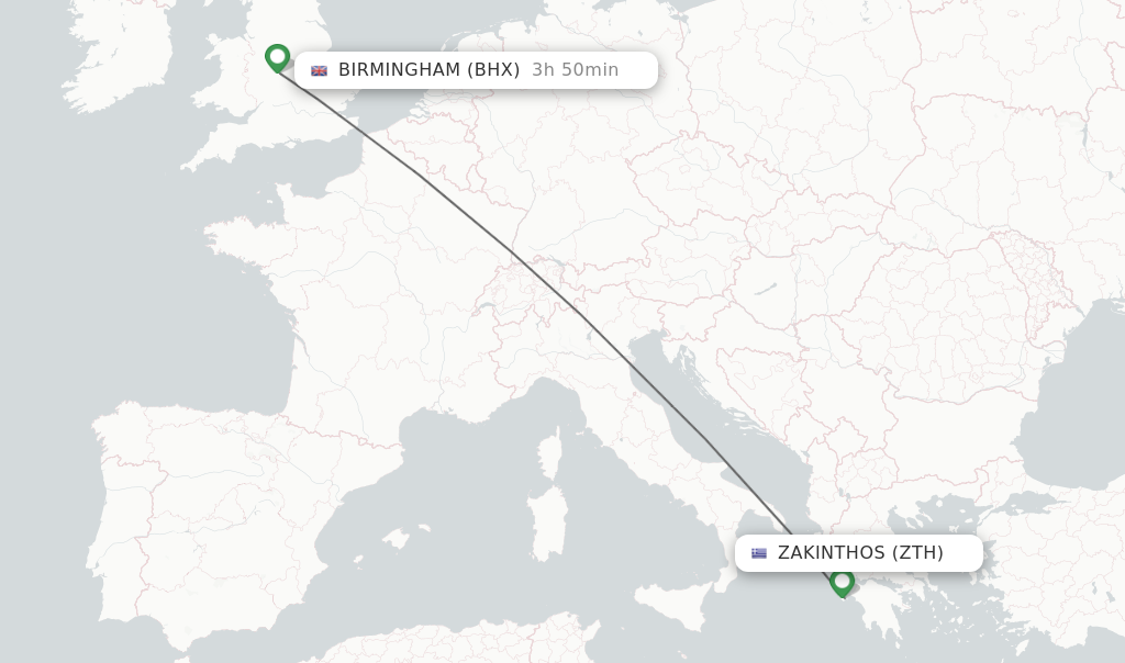 Flights from Zakinthos to Birmingham route map