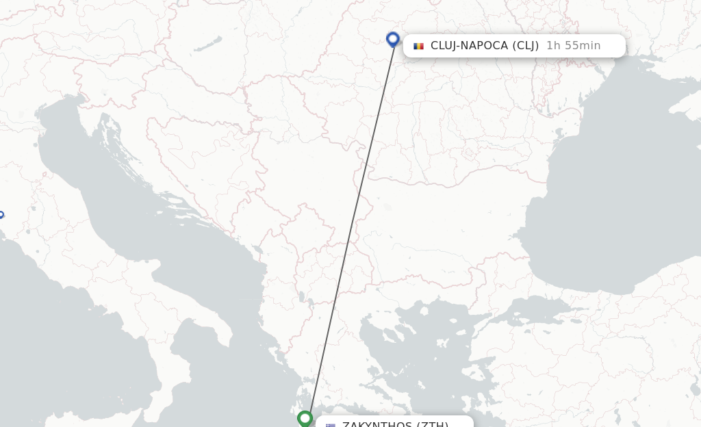 Flights from Zakinthos to Cluj-Napoca route map