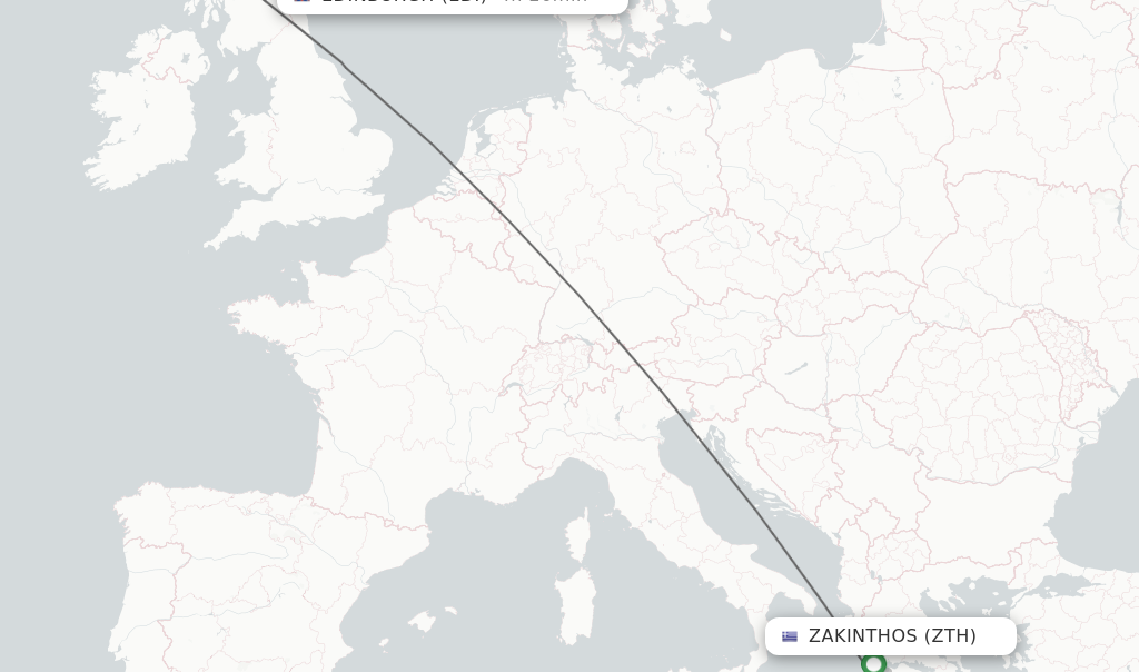Flights from Zakinthos to Edinburgh route map