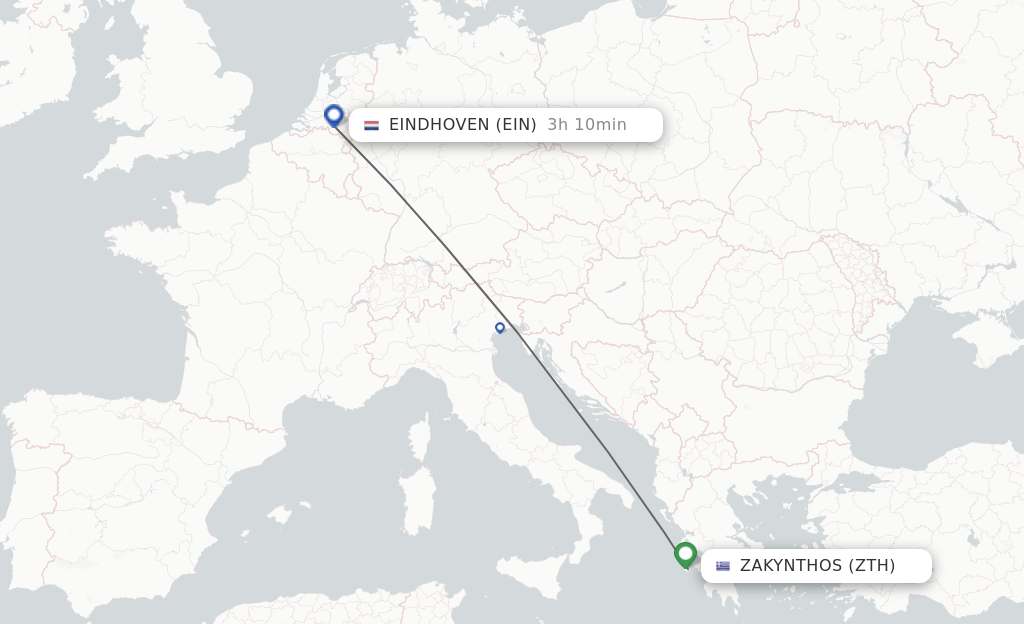 Flights from Zakinthos to Eindhoven route map