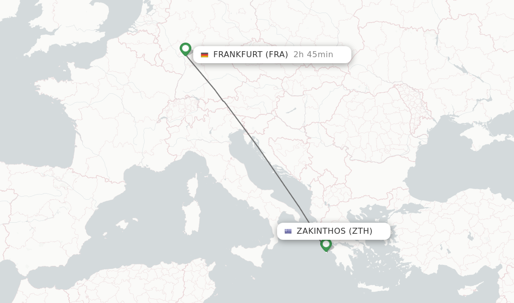 Flights from Zakinthos to Frankfurt route map