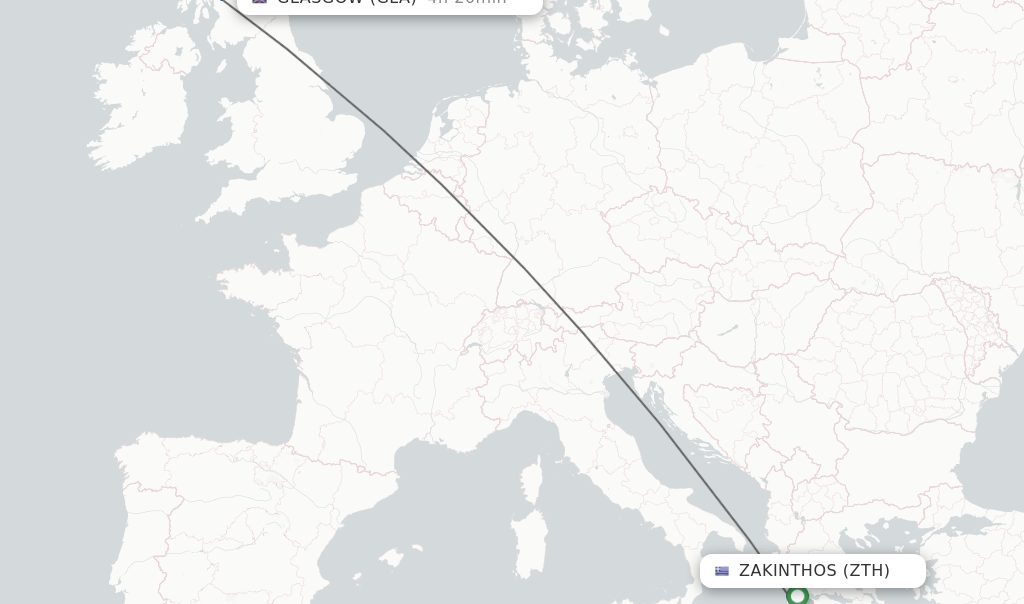 Flights from Zakinthos to Glasgow route map