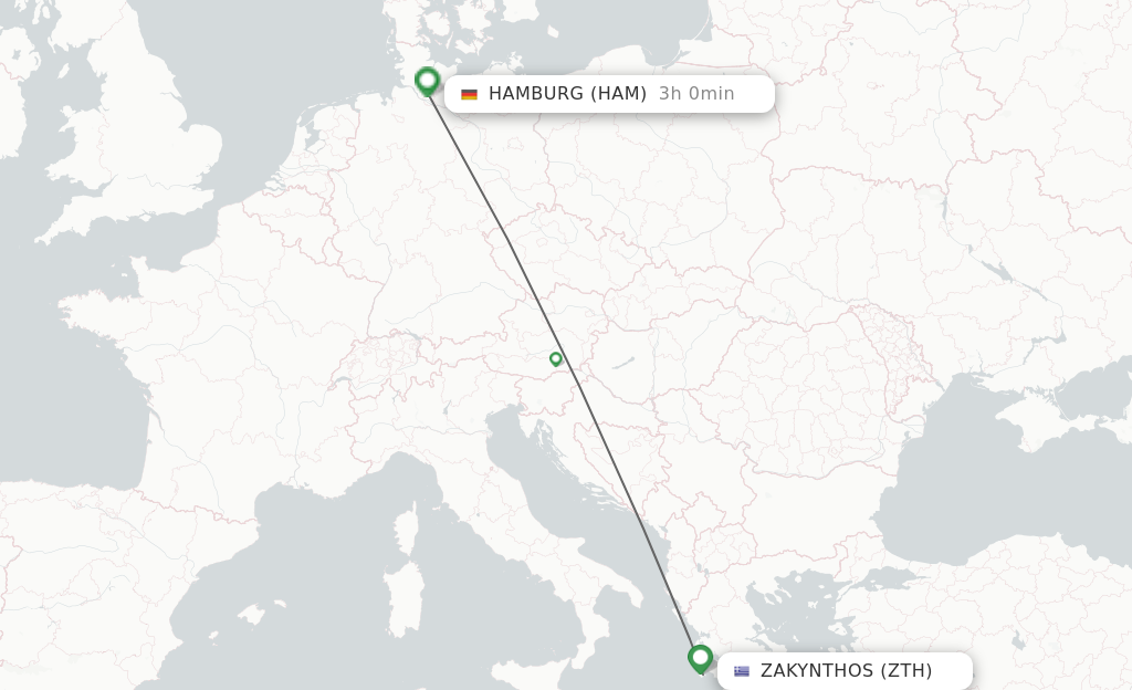 Flights from Zakinthos to Hamburg route map