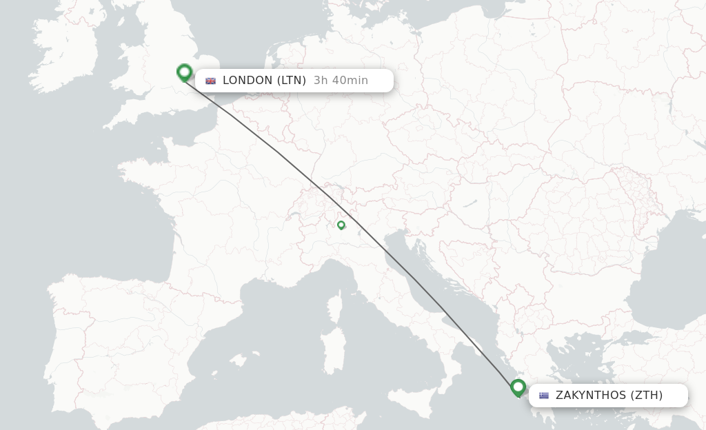 Flights from Zakinthos to London route map
