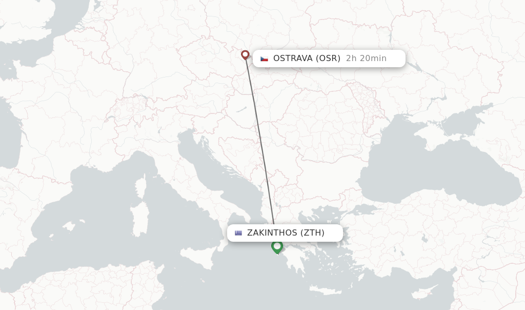 Flights from Zakinthos to Ostrava route map