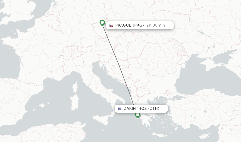 Flights from Zakinthos to Prague route map