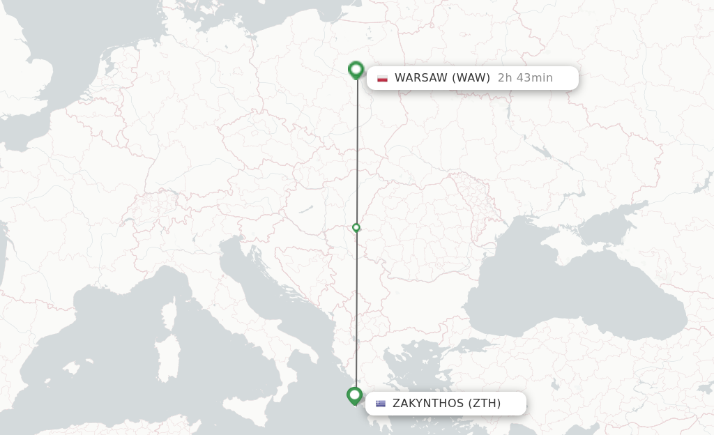 Flights from Zakinthos to Warsaw route map