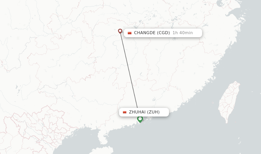 Flights from Zhuhai to Changde route map