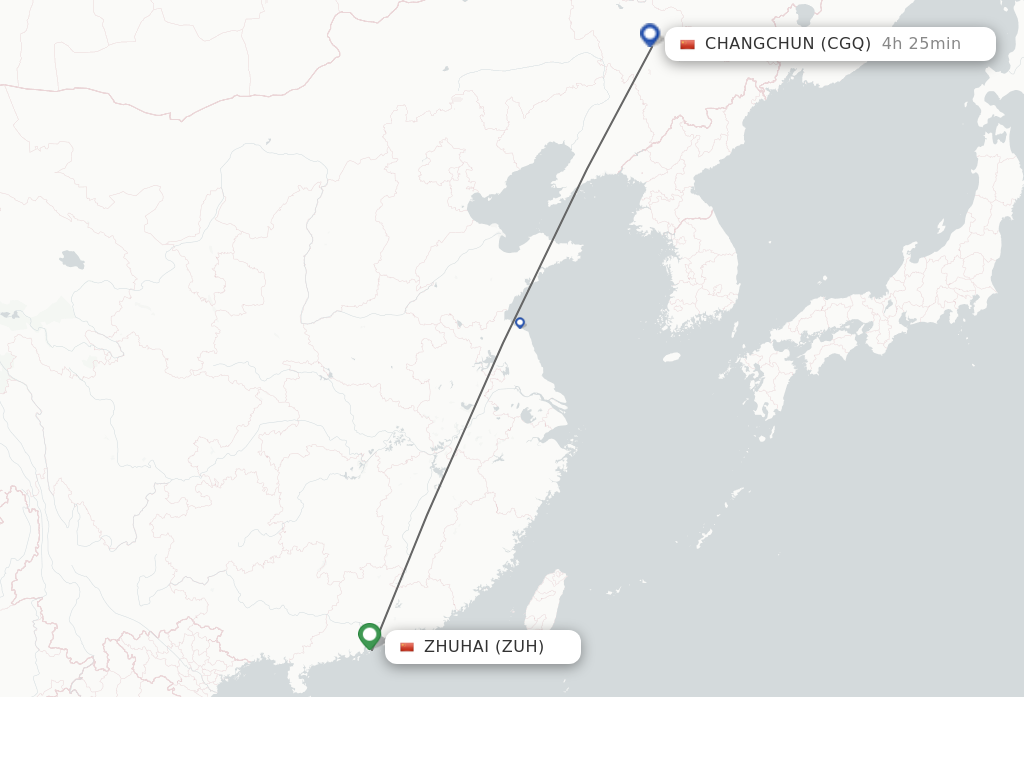 Flights from Zhuhai to Changchun route map