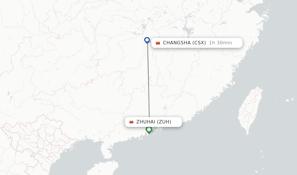 Flights from Zhuhai to Changsha route map