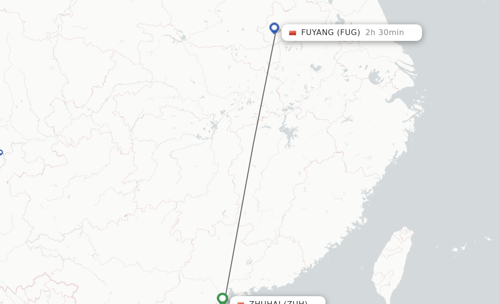 Flights from Zhuhai to Fuyang route map