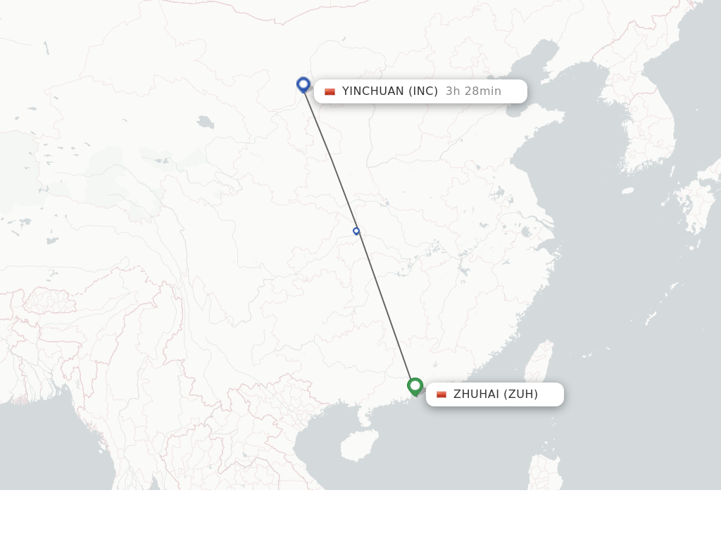 Flights from Zhuhai to Yinchuan route map